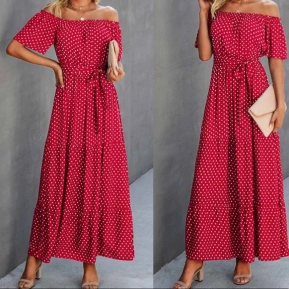 BellanBlue Dresses & Skirts - Bohemian Red polka dot off shoulder Belted Maxi dress
